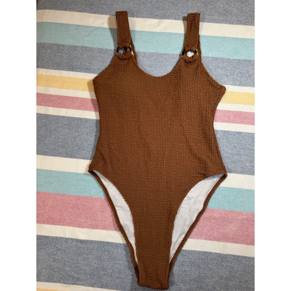 NWOT Brown Smocked One-Piece Swimsuit with Tortoise Ring Detail - Size S